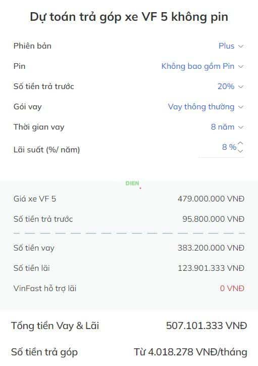 du-toan-tra-gop-vf-5-plus-khong-pin Pin được đặt dưới đáy xe