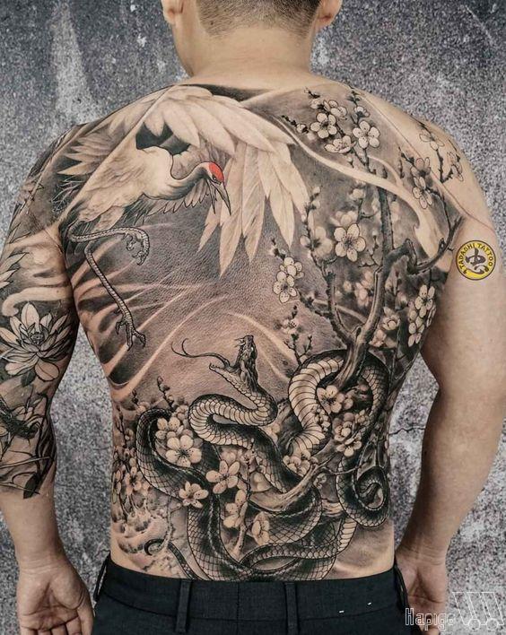 hinh-xam-hac-nhat-co-hac-va-ran hình xăm hạc nhật cổ kín lưng