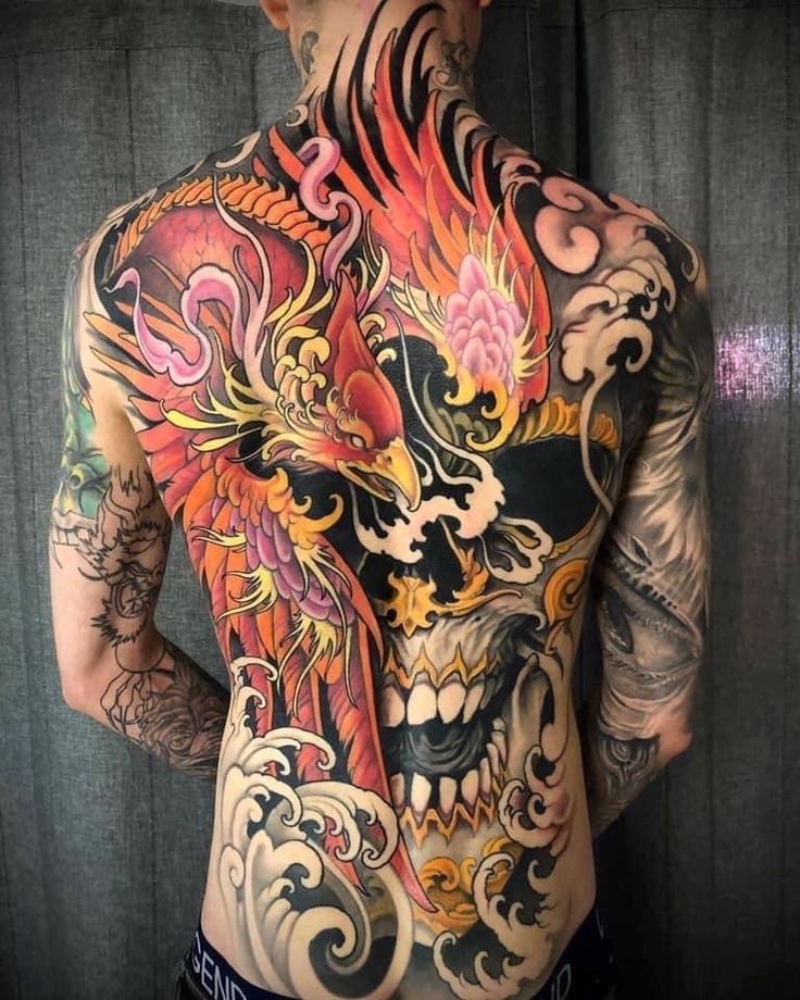 hinh-xam-lung-phuong-hoang-va-dau-lau hình xăm lưng phượng hoàng và đầu lâu