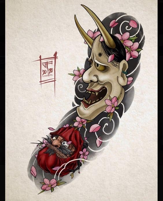 hinh-xam-mat-quy-ket-hop-daruma-phu-hop-xam-tay hình xăm mặt quỷ kết hợp daruma phù hợp xăm ở tay