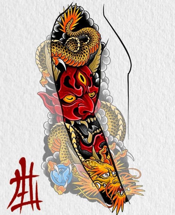 hinh-xam-mat-quy-ket-hop-rong-vang-y-tuong hình xăm mặt quỷ kết hợp rồng vàng ý tưởng