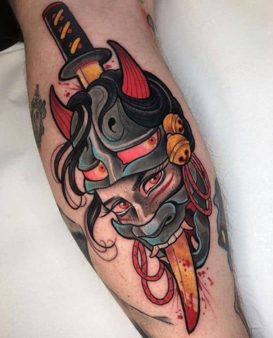tattoo-dao-dam-mat-quy-bap-chan tattoo dao đâm mặt quỷ bắp chân