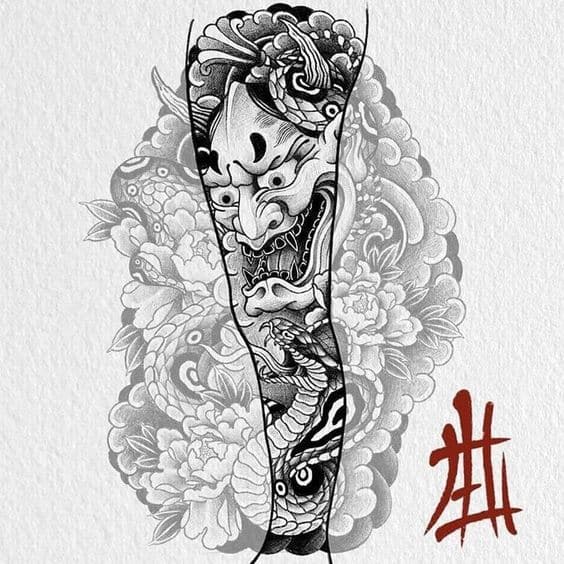 tattoo-mat-quy-full-chan-den-trang tattoo mặt quỷ full chân đen trắng