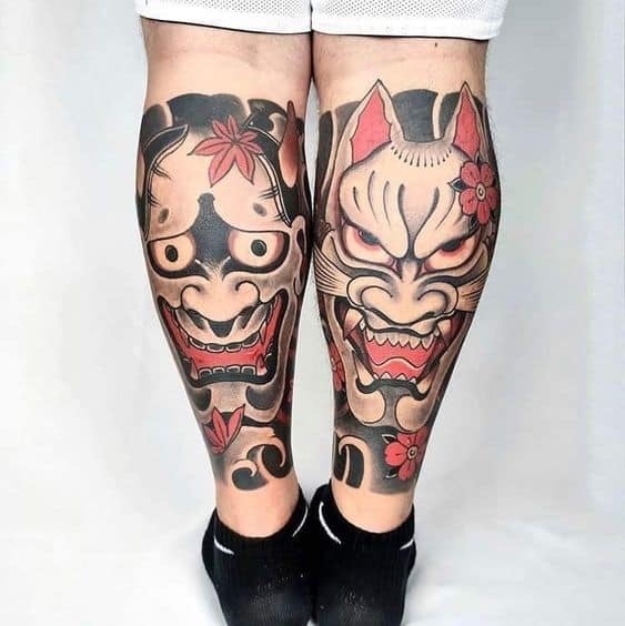 tattoo-mat-quy-nam-nu-o-bap-chan tattoo mặt quỷ nam nữa ở 2 bắp chân