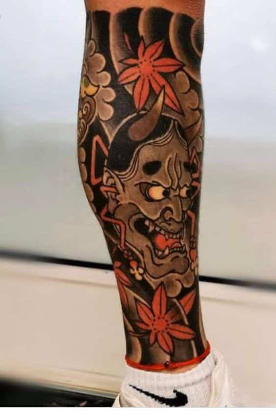tattoo-mat-quy-nhat-co-bap-chan tattoo mặt quỷ nhật cổ bắp chân